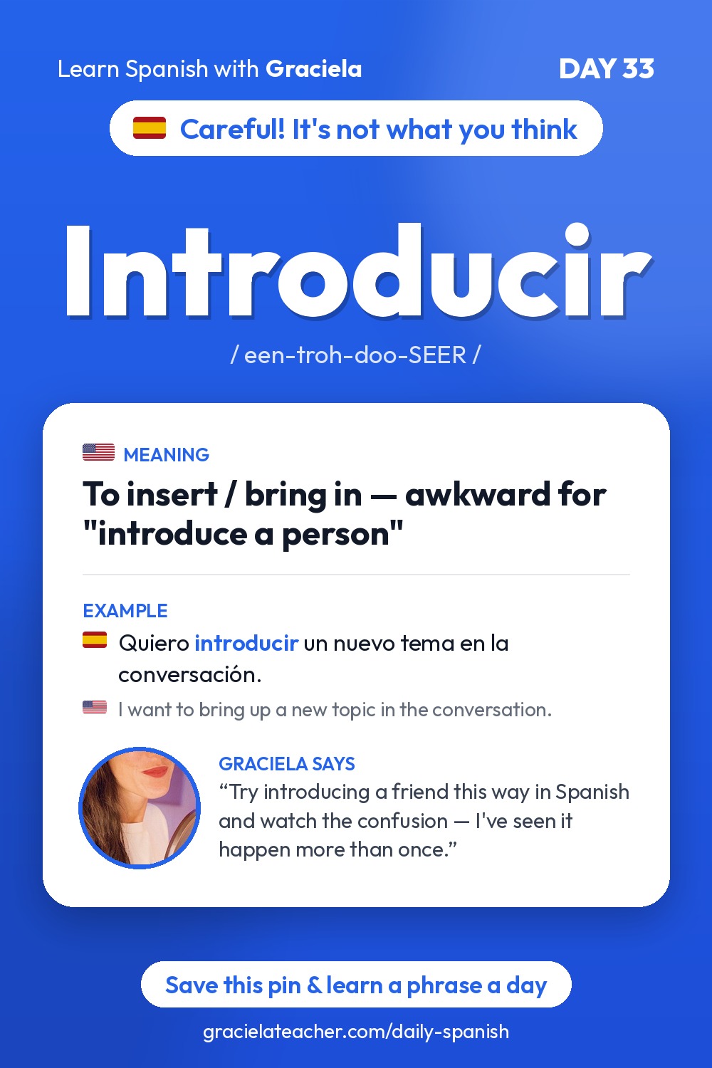 Introducir — To insert / bring in — awkward for "introduce a person"