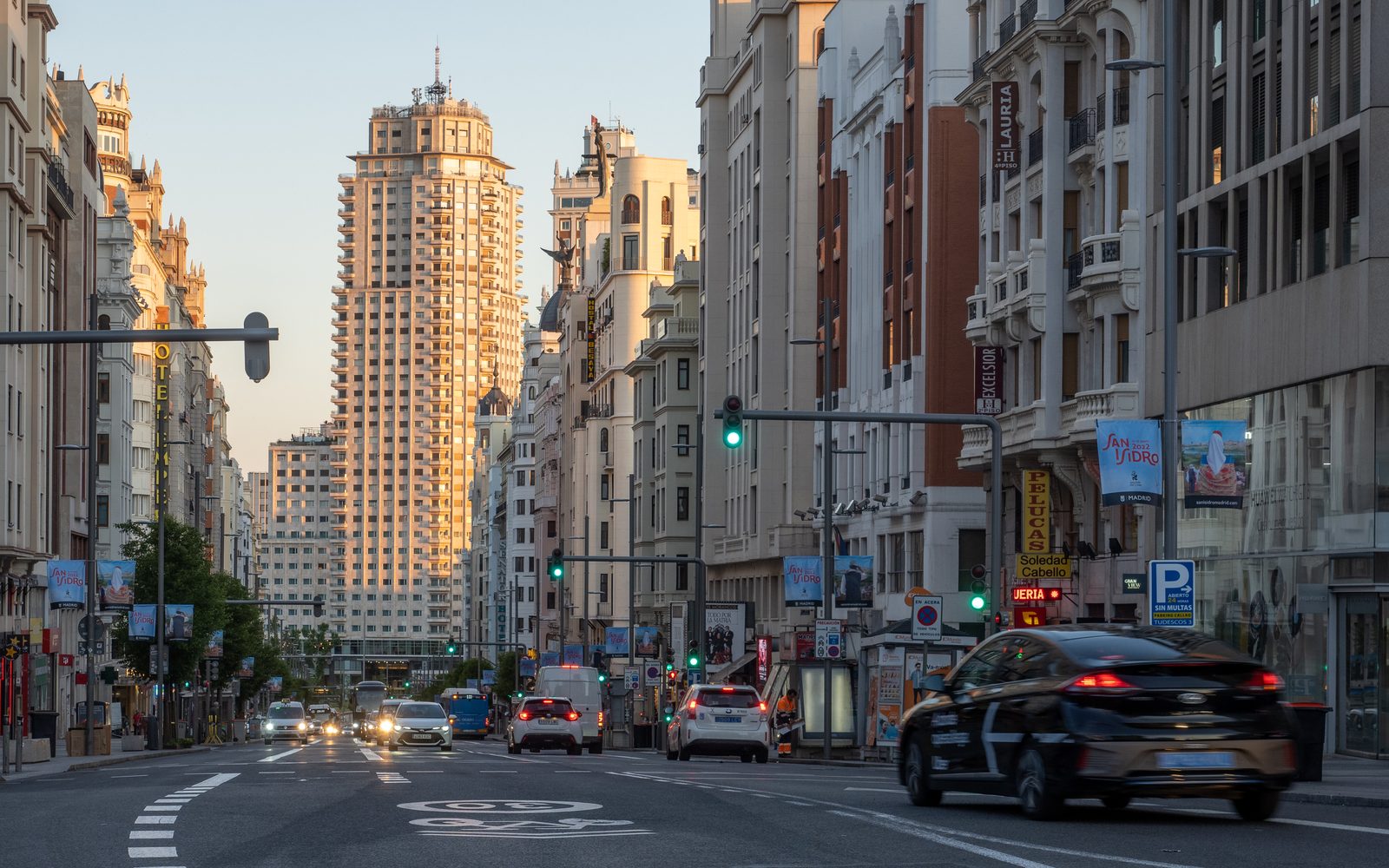 Gran Vía street in Madrid at golden hour