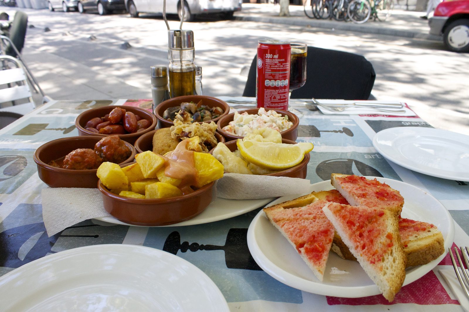 A spread of Spanish tapas on a table